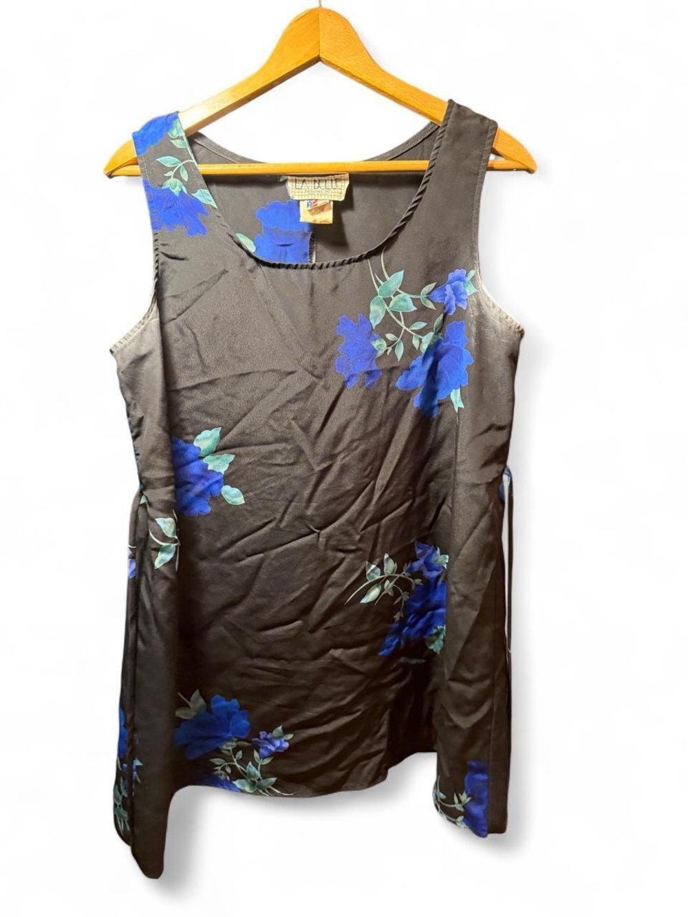 La Belle Black Midi Dress with Blue Floral Accent